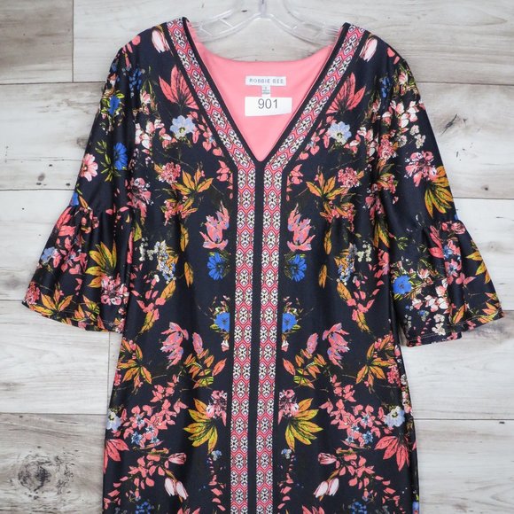Robbie Bee* Women's Half Bell Sleeve V-Neck Floral‎ Lined Midi Dress~ Size Small - Picture 1 of 10